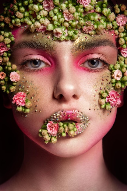 Beautiful romantic young woman with flowers on her face Inspiration of spring and summer Perfume cosmetics concept