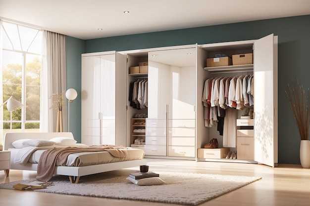 A beautiful room in daylight with a large wardrobe