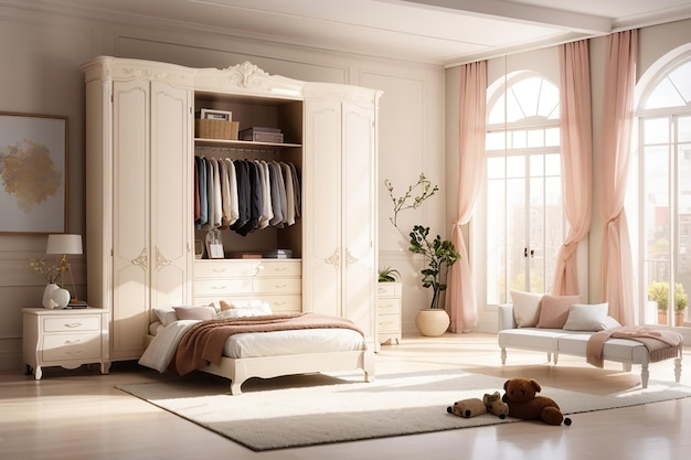 A beautiful room in daylight with a large wardrobe