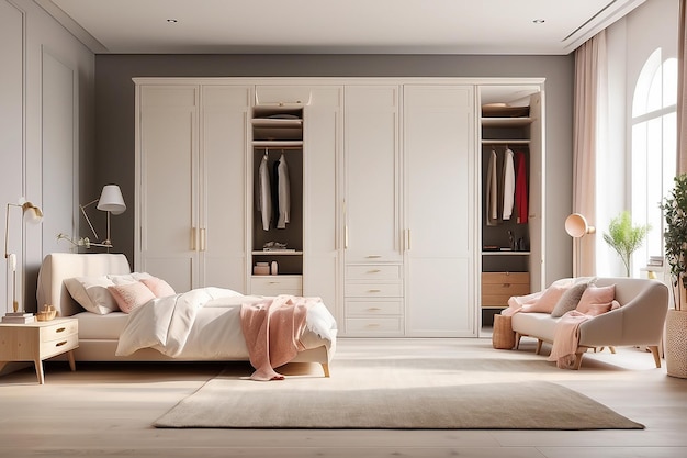 A beautiful room in daylight with a large wardrobe