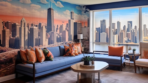 beautiful room with a cityscape amural on the wall