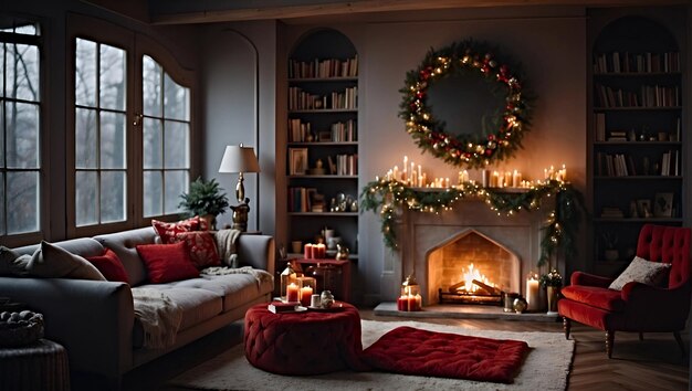 Beautiful room with a sofa and fireplace decorated for the holiday