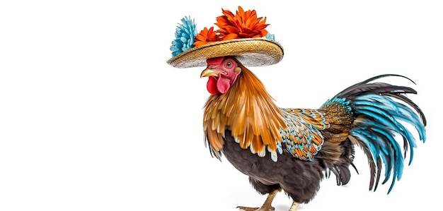 Beautiful rooster in hat on white background copy space Generated AI