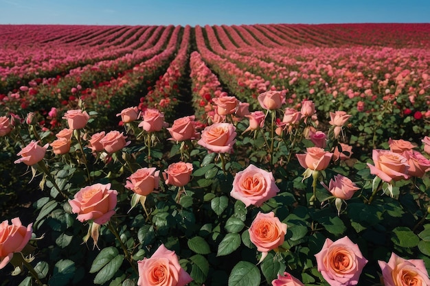 Foto un bellissimo campo di fiori di rosa con un cielo blu limpido