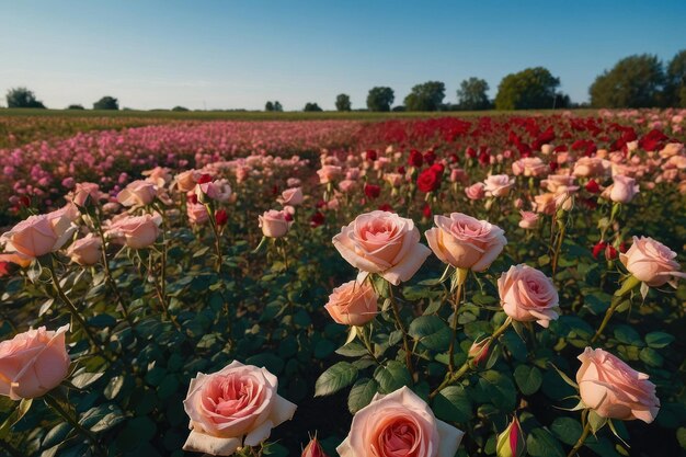 Beautiful rose flower field with a clear blue sky
