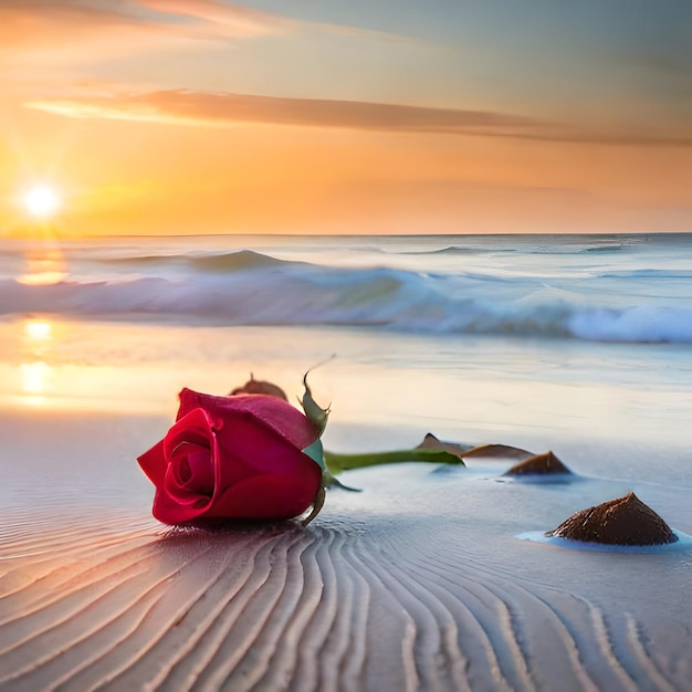 写真 ビーチに水滴が付いた美しいバラの花