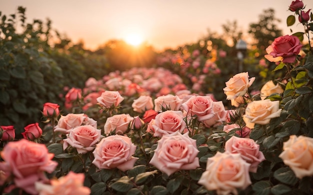 Beautiful rose garden in sunset