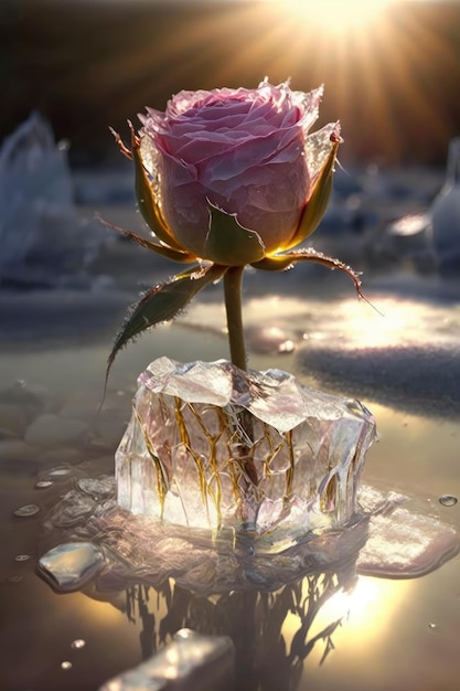 Beautiful rose in the ice on the background of the setting sun Generative AI