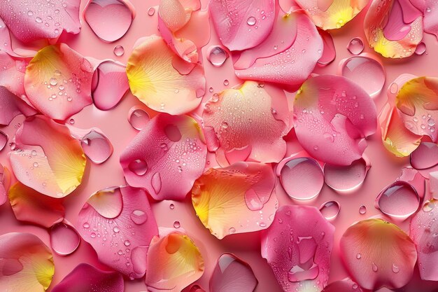 Foto bellissimi petali di rosa in acqua su sfondo rosa vista dall'alto