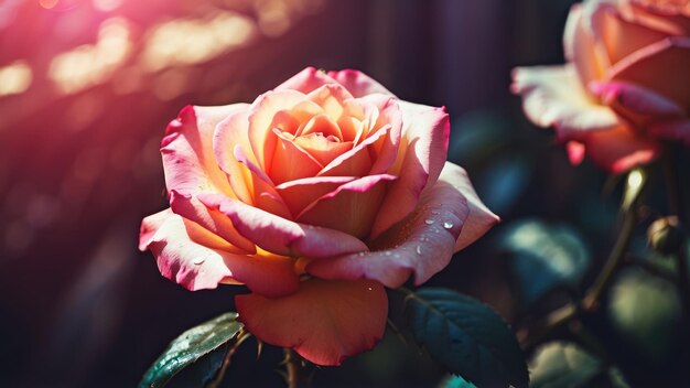 Beautiful rose with dew drops in sunlight