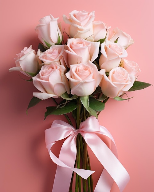 Beautiful roses bouquet with pink ribbon