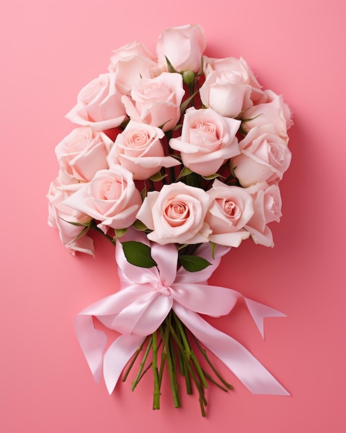 Beautiful roses bouquet with pink ribbon