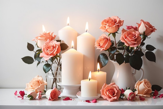 Photo beautiful roses and burning candles on white wall