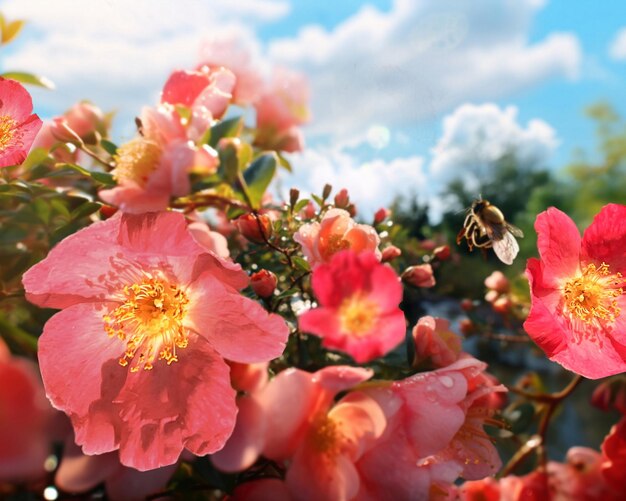 野生のビーチに美しいバラの茂み、青い空、花の上の蜂、しかし