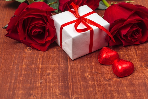 Beautiful roses and gift box