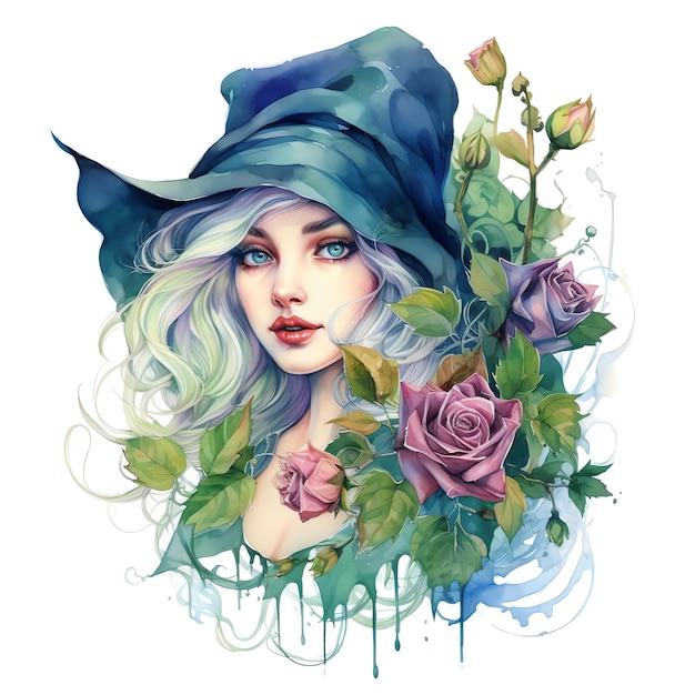 Beautiful roses green magical clipart illustration