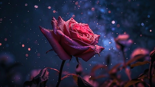 Beautiful roses with dew drops on a dark starry night background