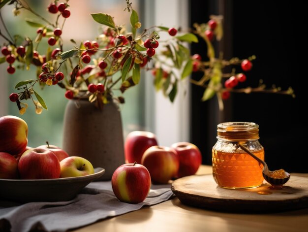 A beautiful Rosh Hashanah table with honey and apples