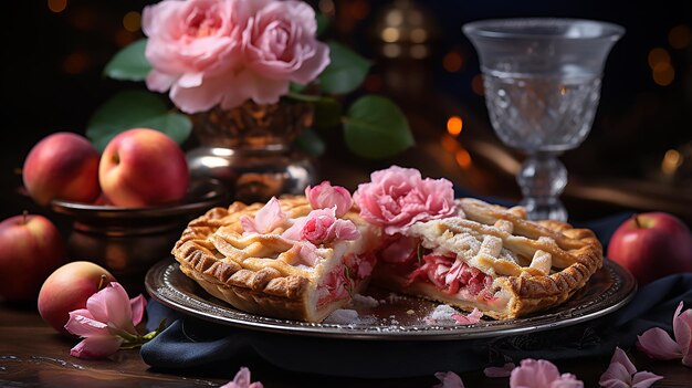 사진 아름다운 장미 로운 사과 파이 가 전시 되어 있다