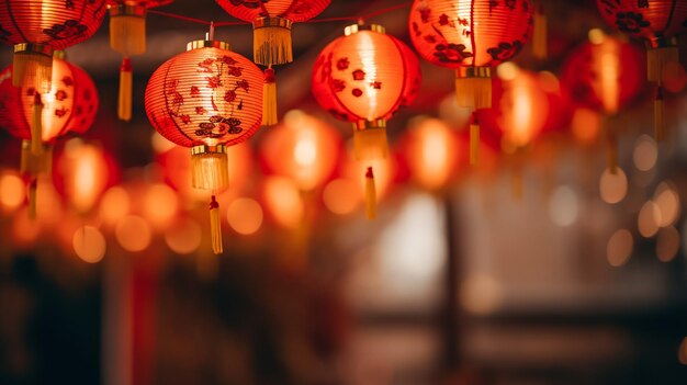 Beautiful round red lantern hanging on old traditional street concept of chinese lunar new year fes