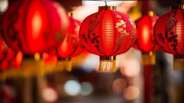 Beautiful round red lantern hanging on old traditional street concept of chinese lunar new year fes