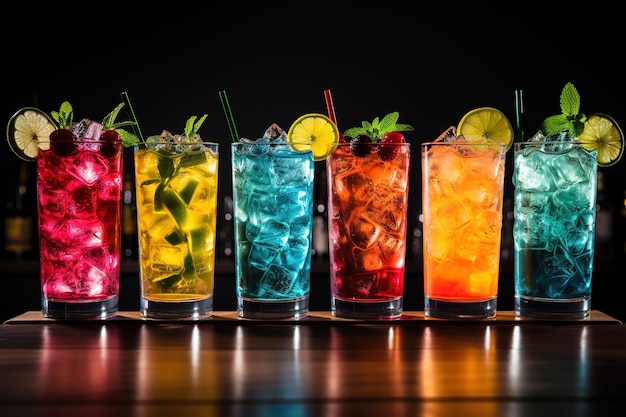 Beautiful row line of different colored alcohol cocktails