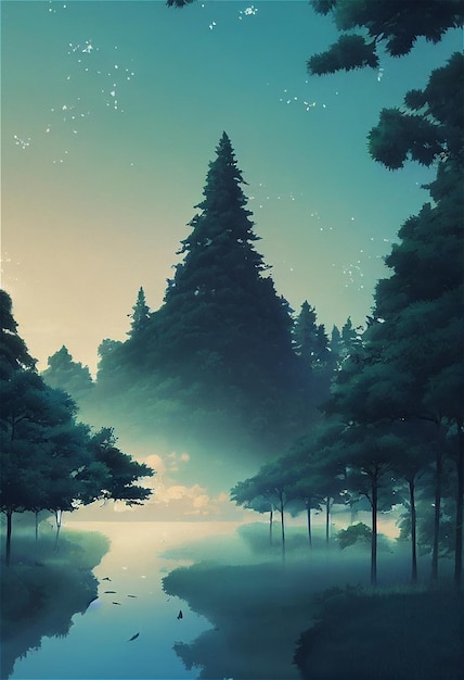 A beautiful rural lake nature forest an illustration in an anime background animation style