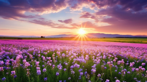 Красивый сельский пейзаж с цветущими фиолетовыми цветами