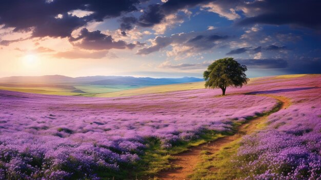 Beautiful rural landscape with blooming purple flowers