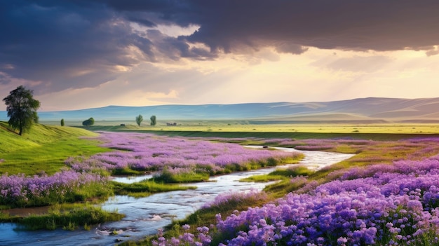 Beautiful rural landscape with blooming purple flowers