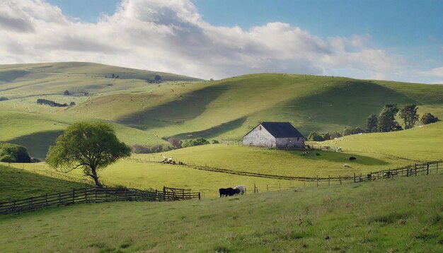 Foto bellissimo paesaggio rurale con pascoli e edifici agricoli