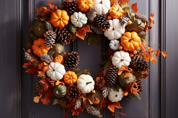 Beautiful rustic autumn wreath decoration with leaves pine cones and pumpkins on a door