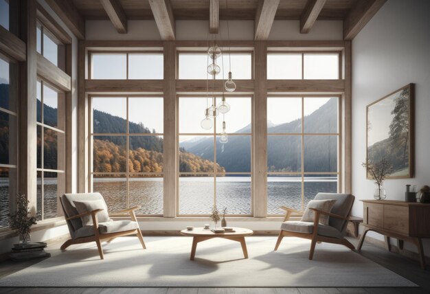 Beautiful rustic cottage with wooden walls and ceilings Big window with vue on lake and forest on a sunny day Scandinavian interior design AI Generative