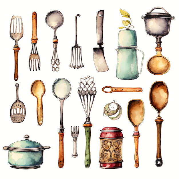 Foto bella illustrazione rustica di clipart della cucina di campagna dell'acquerello degli strumenti della cucina rustica