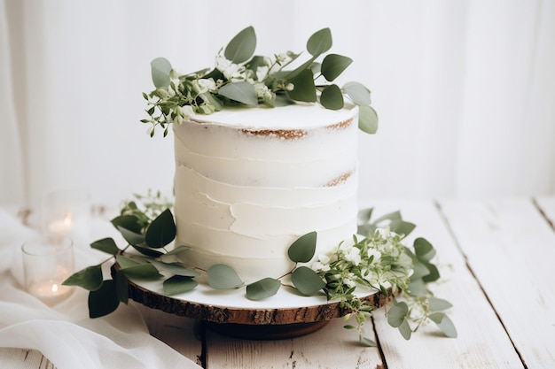 Фото Красивый деревенский свадебный торт, украшенный эвкалиптом на белом деревянном фоне