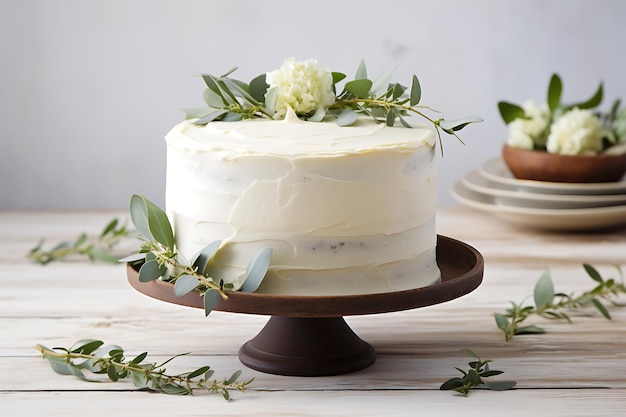 Beautiful rustic wedding cake decorated with eucalyptus on white wooden background