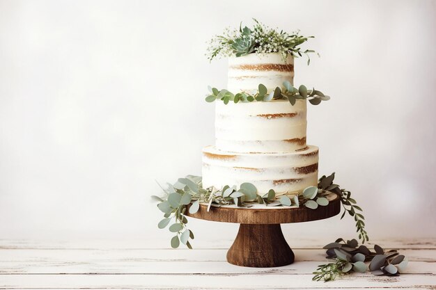 Photo beautiful rustic wedding cake decorated with eucalyptus on white wooden background