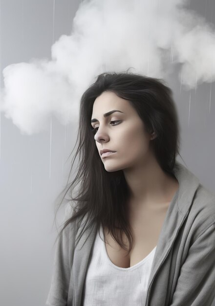 Beautiful sad woman depressed above her head a thick gray cloud fog