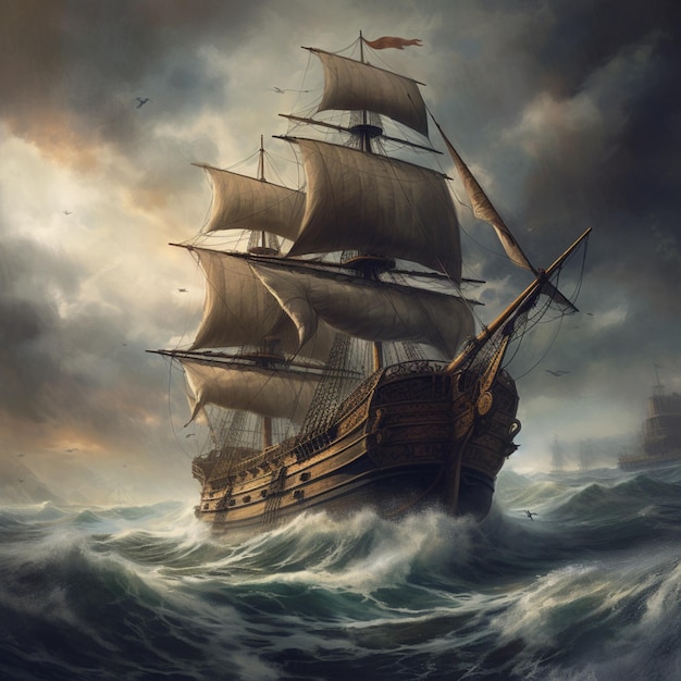 Beautiful sailing sailboat ship on stormy sea bad weather wallpaper AI Generated art