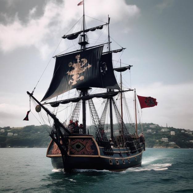 Beautiful sailing ship boat with pirate flags on big ocean wallpaper AI Generated art