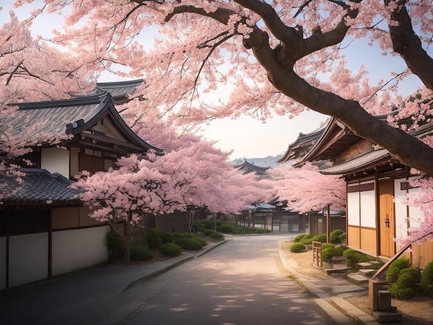 Beautiful sakura trees and village