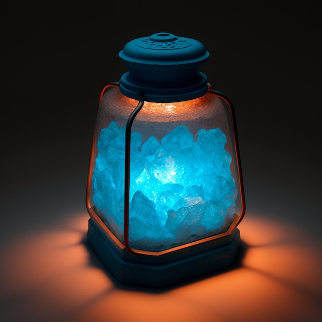 Beautiful salt lamp with blue stones glow and smoke