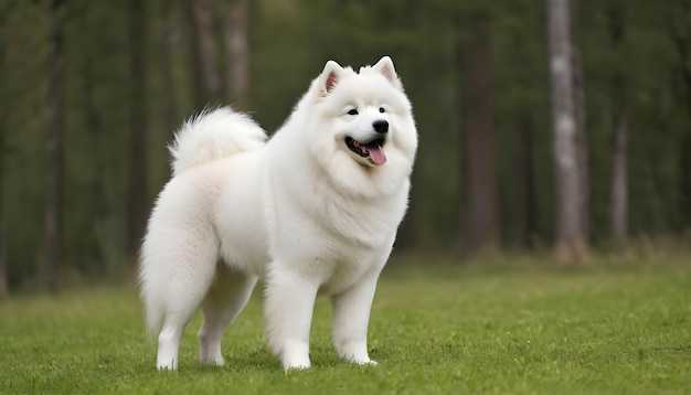 森の近くの緑の草原に立っている美しいサモエード犬