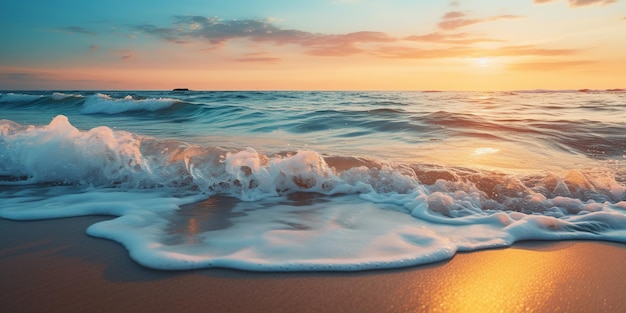 Beautiful sand beach in sunset time Close up sea wave on sand beach Sea shore Concept travel and summer vacation