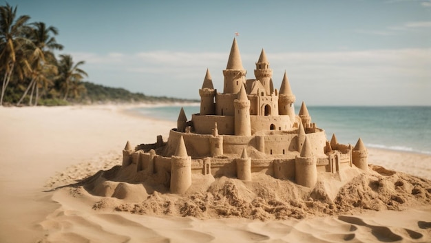 Foto bel castello di sabbia sulla spiaggia