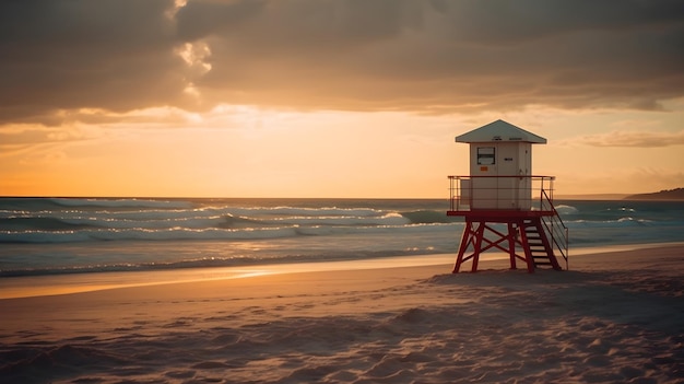 A beautiful sandy beach with evening golden hour sunset and lifeguard tower cloudy sky good for background and backdrops Summer beach