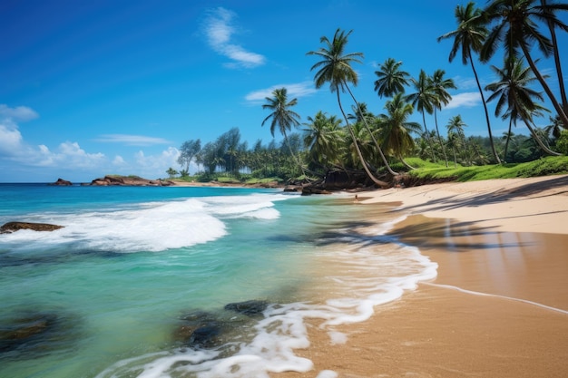 A beautiful sandy beach with palm trees and waves crashing on the shore Untouched tropical beach in Sri Lanka AI Generated