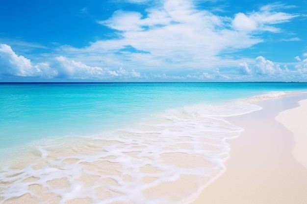 Beautiful sandy beach with white sand and rolling calm wave of turquoise ocean on Sunny day on back