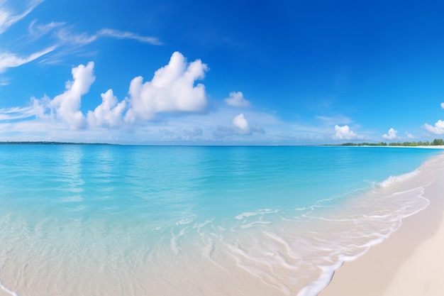 Beautiful sandy beach with white sand and rolling calm wave of turquoise ocean on sunny day on back