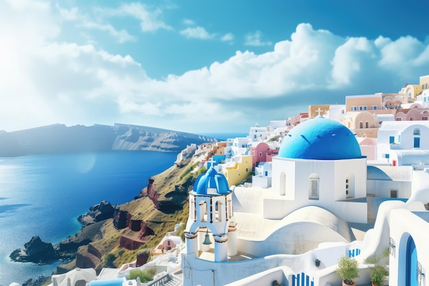 Прекрасный Санторини, Греция Панорамный фон Путешествие Концепция отдыха, созданная ИИ